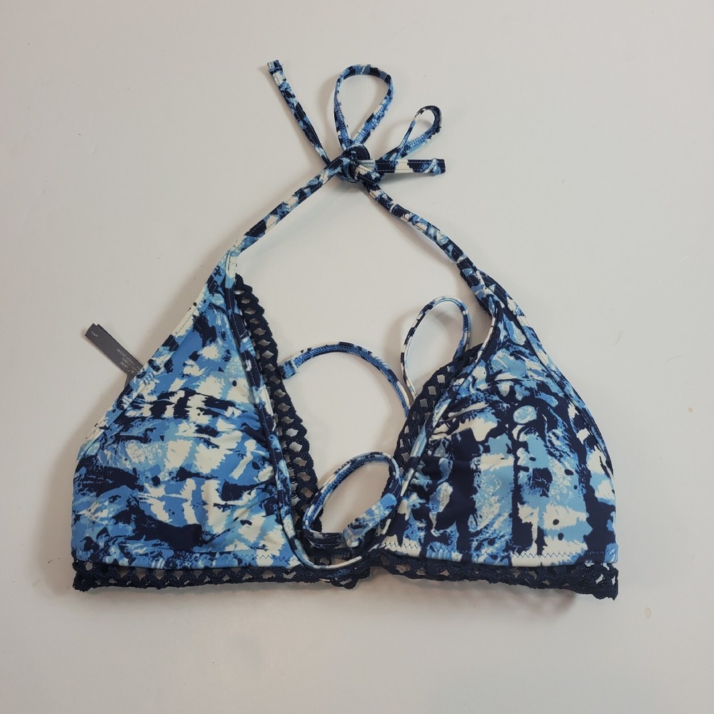 aerie women's bikini top triangle bikini blue small halter tie